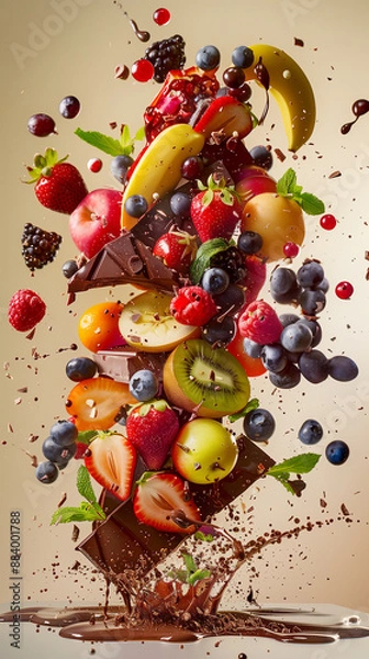 Obraz explosion of fruits and chocolate, painted light background