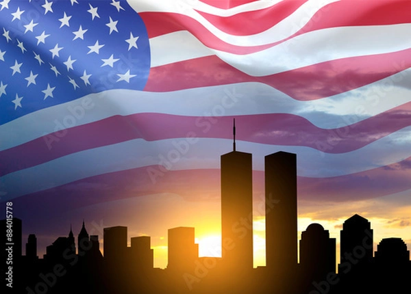 Obraz New York skyline silhouette with Twin Towers and USA flag