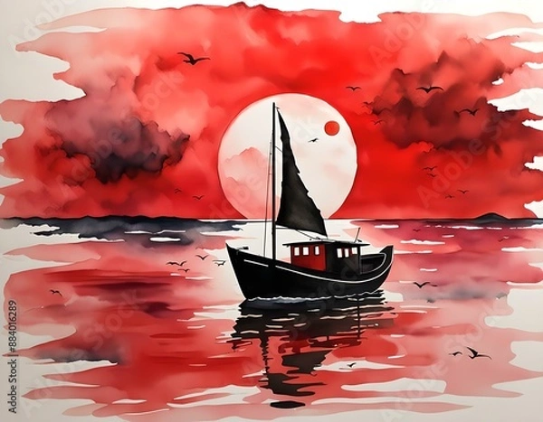 Fototapeta a sailboat sailing under the red sky