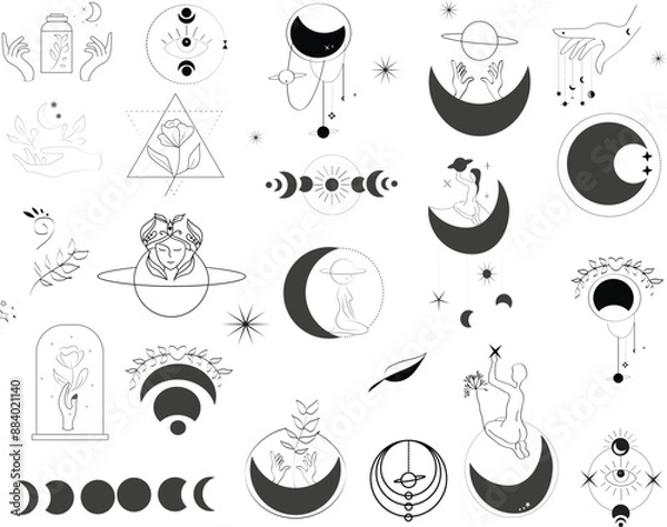 Fototapeta set of symbols Set of sun, moon, stars, clouds, constellations and esoteric symbols. Alchemy mystical magic elements for prints, posters, illustrations and patterns. Black spiritual occultism objects