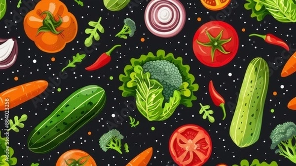 Fototapeta Seamless pattern of colorful vegetables on a black background