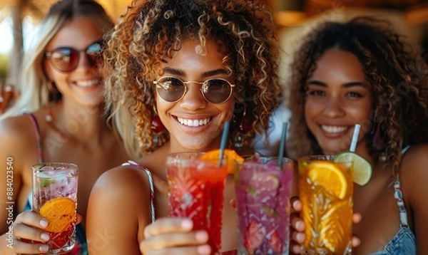 Fototapeta Happy young people celebrating a weekend event with their multiracial friends group outside a fancy bar terrace, toasting mojitos and enjoying cocktails while hanging out on their summer holiday.