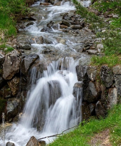 Fototapeta Serene waterfall flowing over rocks in a lush green forest