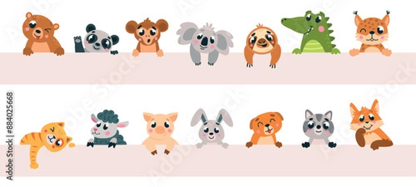 Fototapeta Cartoon animals holding banner. Wild animal looking out, peeping and peeking. Bear koala rabbit raccoon panda cat and fox, classy vector design