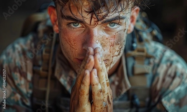 Fototapeta During the war, the young soldier cried and prayed.