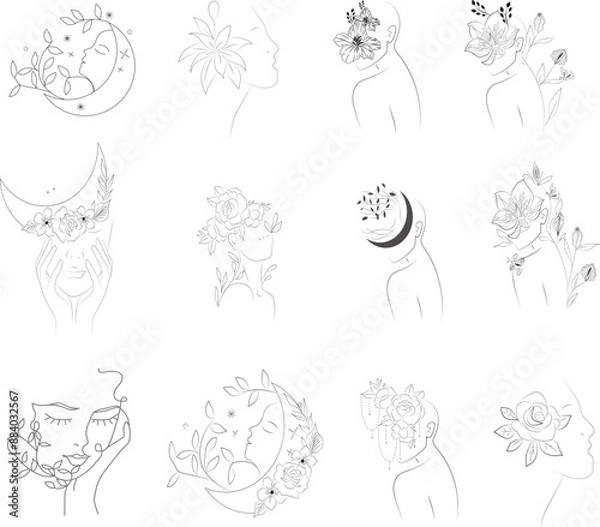 Fototapeta 12 vector floral face vector magic with constellations, magic eyes, clouds and stars. mystical esoteric background for design of fabric, packaging, astrology, phone case