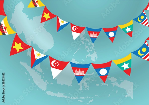 Obraz flat Asean triangle garland flag on Asian map background vector