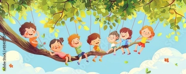 Fototapeta A group of children are playing on a tree branch. Illustration.
