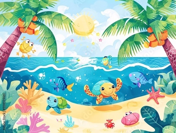 Fototapeta 3. Delightful summer beach illustration with cute turtles exploring both the sea and the shore, accompanied by cheerful fish, vibrant coral, and playful crabs, under the shade of coconut trees and a