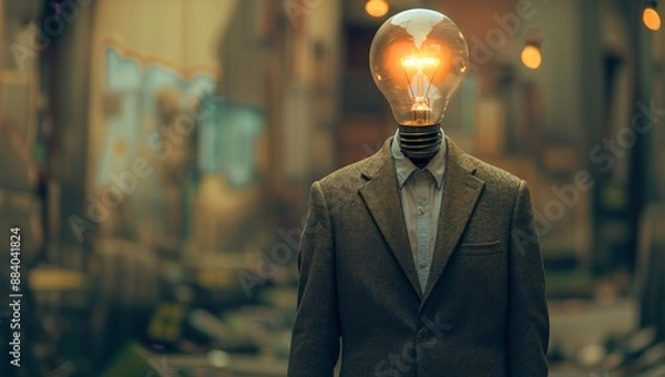 Fototapeta A Mysterious Figure With a Light Bulb Head Illuminates an Urban Alley at Twilight, Merging Technology and Humanity.