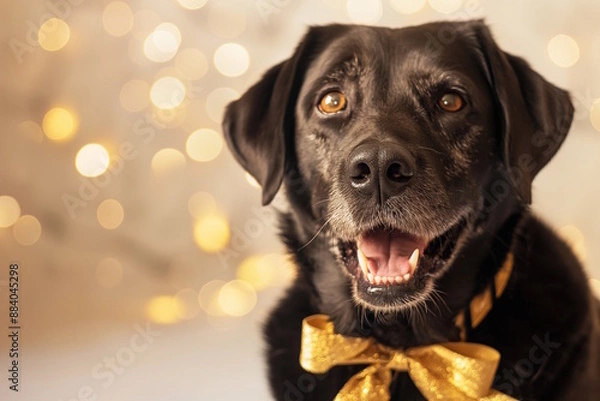 Fototapeta Black dog with a golden ribbon bow around its neck, sitting against a bokeh background, symbolizing celebration and joy. Concept for pet holidays and festive occasions