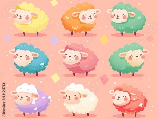 Fototapeta 5. Delightful array of round, pastel-colored sheep in various poses and emotions, from cheerful and energetic to calm and sleepy, all rendered in a kawaii vector style on a simple background, perfect