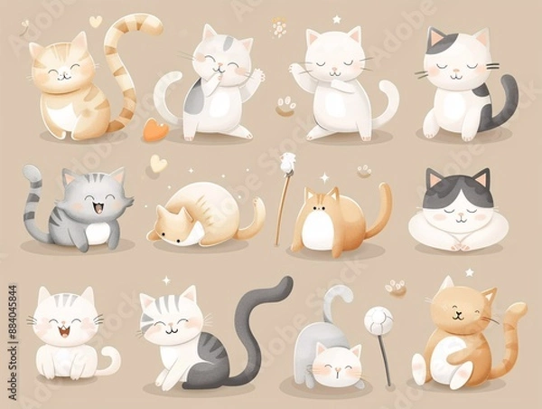 Fototapeta 3. Charming set of kawaii cats in round shapes and pastel tones, depicting different moods and activities, such as jumping, playing, and napping, all illustrated in a delightful vector design on a