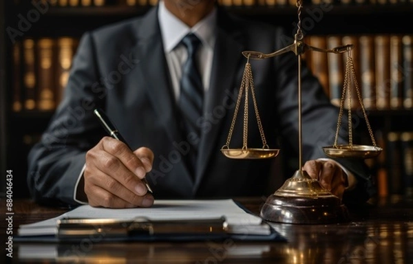 Fototapeta Professional lawyer writing at desk with scales of justice, representing accuracy and professionalism in the legal field
