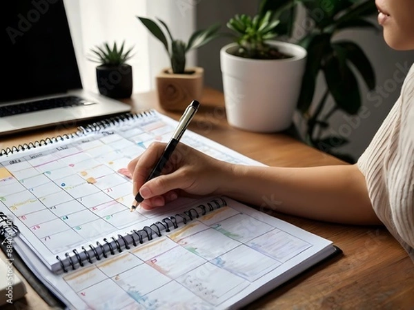 Fototapeta Calendar schedule planner plan and agenda reminder, online work at home. a person plans daily appointments and writes business trips in a diary at the office desk. Calendar reminder event planning