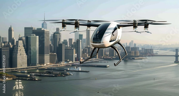Fototapeta A white air taxi, eVTOL or passenger drone with propellers is flying infront of an urban skyline, illuminated by sunlight.