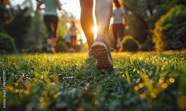Fototapeta A background with a positive, outdoorsy vibe, featuring unrecognizable people exercising and enjoying a healthy lifestyle, with a blurred bokeh effect.