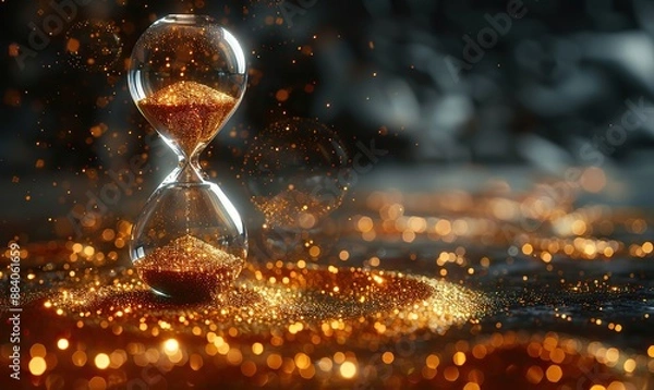Fototapeta Hourglass, with shining light on a dark background, symbolizes the concept of time passing in business.