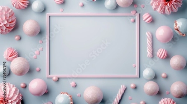Fototapeta Top view of festive pastel pink and blue candy frame on an empty background. Perfect for template, greeting card, or celebration concept.