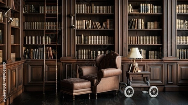 Obraz A sophisticated library with dark wood bookshelves, a rolling ladder, and a comfortable armchair with a reading lamp, exuding an old-world charm.