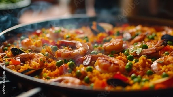 Fototapeta Captivating photo of a flavorful paella dish being cooked in a traditional frying pan