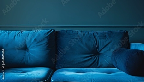 Fototapeta Blue Scandinavian sofa in ultra sharp detail, showcasing sleek minimalist design and modern living