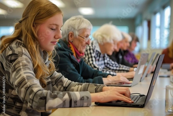 Fototapeta Young girl teaches older women how to work on the computer