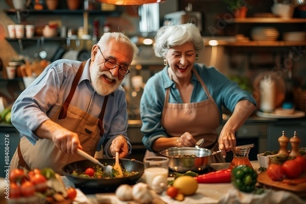 Fototapeta Elderly people learn to cook at a cooking class