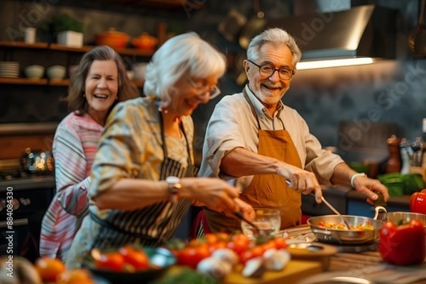 Fototapeta Elderly people learn to cook at a cooking class