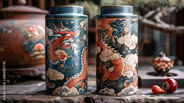 Obraz Two ceramic tins with colorful dragon designs.