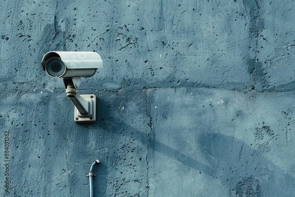 Fototapeta A security camera is mounted on a textured blue wall, its lens pointed directly at the viewer