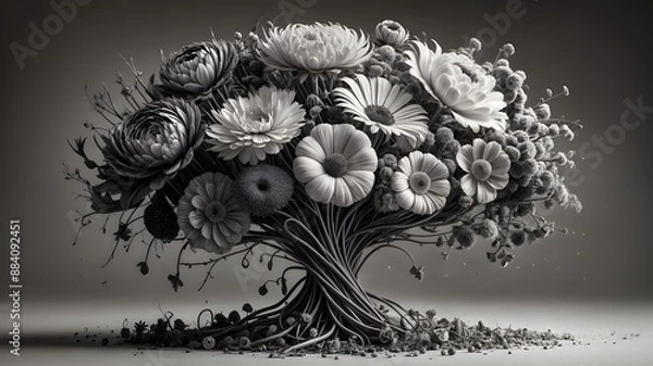 Obraz A black and white drawing of flowers with a black background.