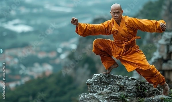 Fototapeta A Shaolin warrior monk, practicing extreme kung fu, leaped from a high cliff.