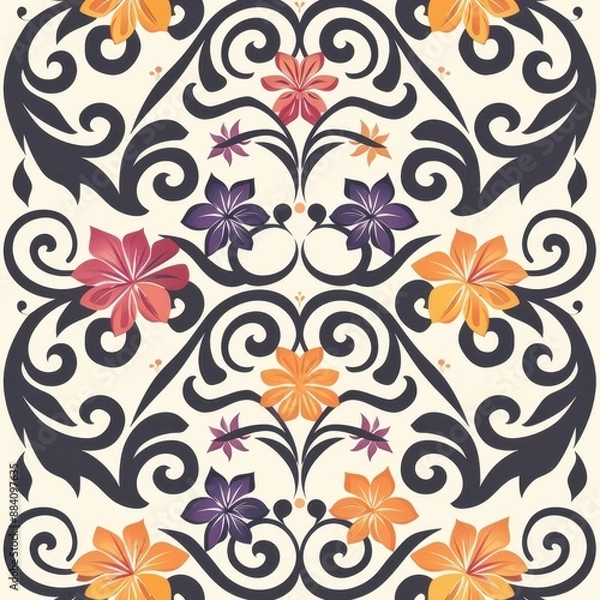 Fototapeta Floral Pattern With Black Swirls and Colorful Flowers