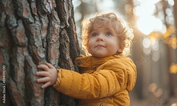 Fototapeta In the tranquil embrace of the forest, a young child extended a loving hug to a towering tree.