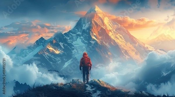 Fototapeta Man contemplating distant mountain peak, embodying the concept of goals and aspirations.