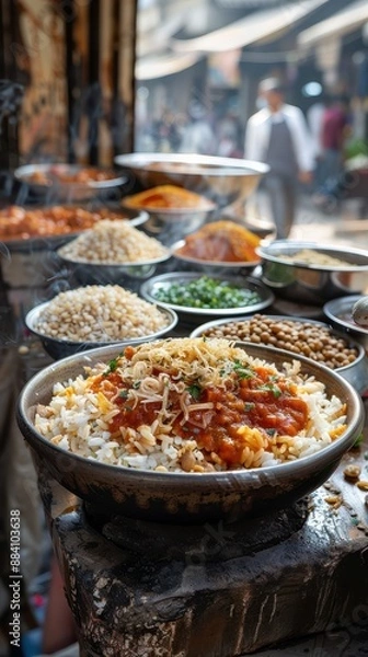 Fototapeta Egyptian Koshari Dish with Rice, Lentils, and Pasta in Marketplace