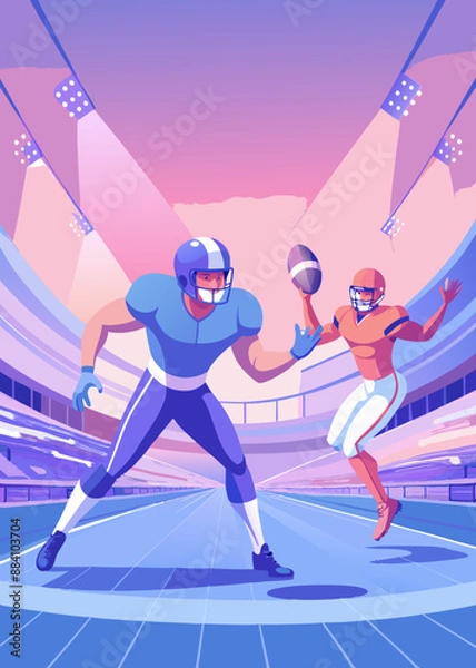 Fototapeta football player with ball Super bowl players versus. American football player. Sportsman with ball in helmet on stadium in action. Sport and motivation