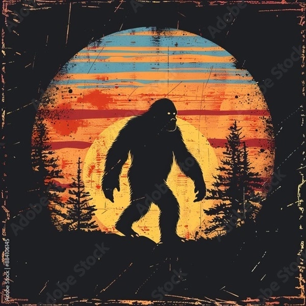 Fototapeta An artistic silhouette of Bigfoot at sunset over forested hills with intense and dramatic colors, representing the enigmatic blend of the natural and mythical world.