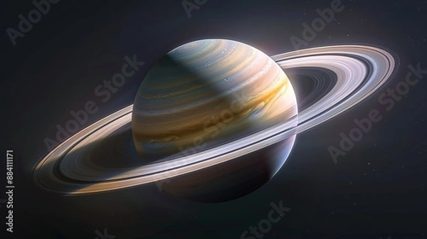 Fototapeta A close-up image of Saturn showing intricate details of its bands and rings, with a notable shadow casting across them, providing a sense of depth and realism.