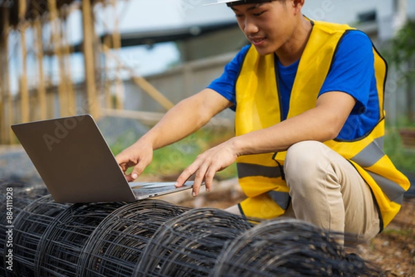 Fototapeta An architect, wearing a hardhat and safety vest, checks a laptop and house plan paper on a clipboard. Blueprints and construction documents lie nearby, emphasizing safety and precision in building.