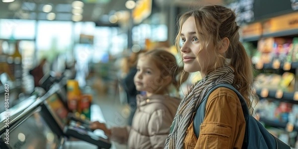 Fototapeta Family using self-service checkout in a modern supermarket