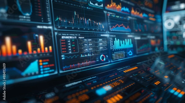 Fototapeta Modern virtual screen with financial data charts on the stock market. Monitoring panel on a digital screen on a dark background. Financial management technology.