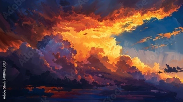 Fototapeta Capture the dynamic energy of a sunset storm, with dramatic clouds illuminated by the setting sun's golden light.