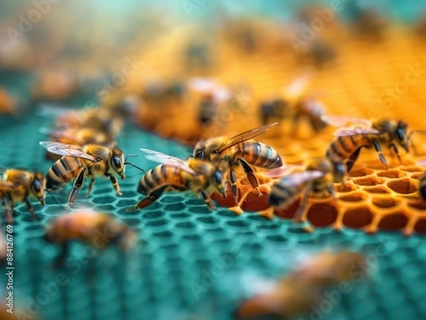 Fototapeta Honeybee Hive in Full Bloom A Stunning Display of Nature's Ecological Centerpiece, Bees, Honeycomb, Pollination, Ecosystem, Biodiversity