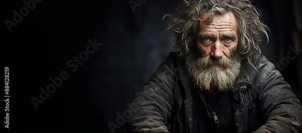 Obraz Old homeless poor man with beards sitting on a black background