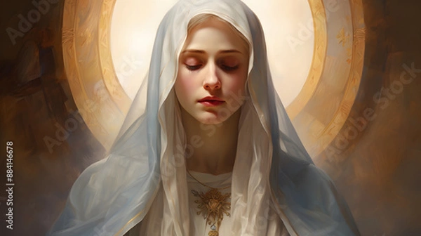 Fototapeta Virgin Mary, religious painting illustration. The image of the Blessed Virgin Mary. 