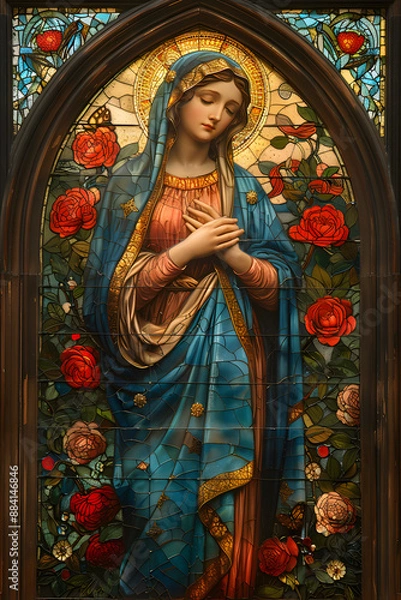 Fototapeta Virgin Mary, religious painting stained glass illustration. The image of the Blessed Virgin Mary on an artistic stained glass window.