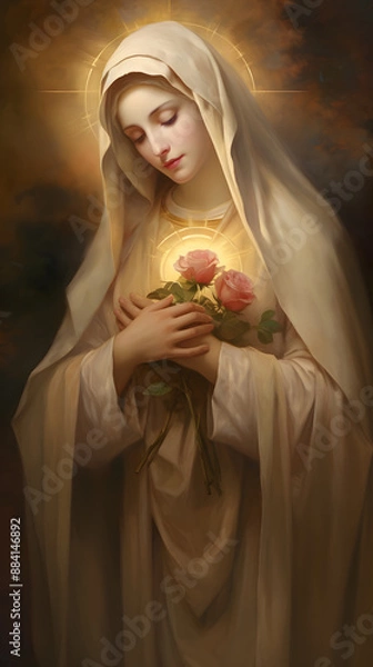 Fototapeta Mystical image of the Blessed Virgin Mary with closed eyes. Portrait of the Virgin Mary with pink rose in her hands. Immaculate Heart of the Holy Mary - Nativity scene.