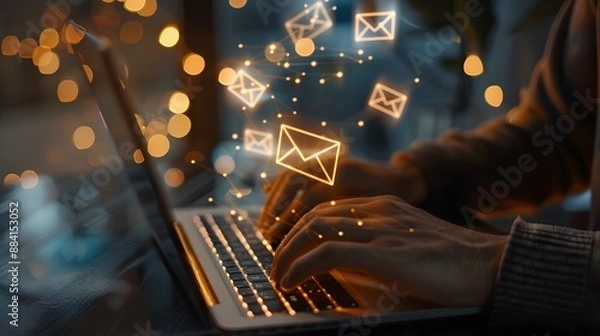 Fototapeta Laptop close up with abstract glowing envelope icon businessman hands showing series of emails being sent, illustrating email marketing concept